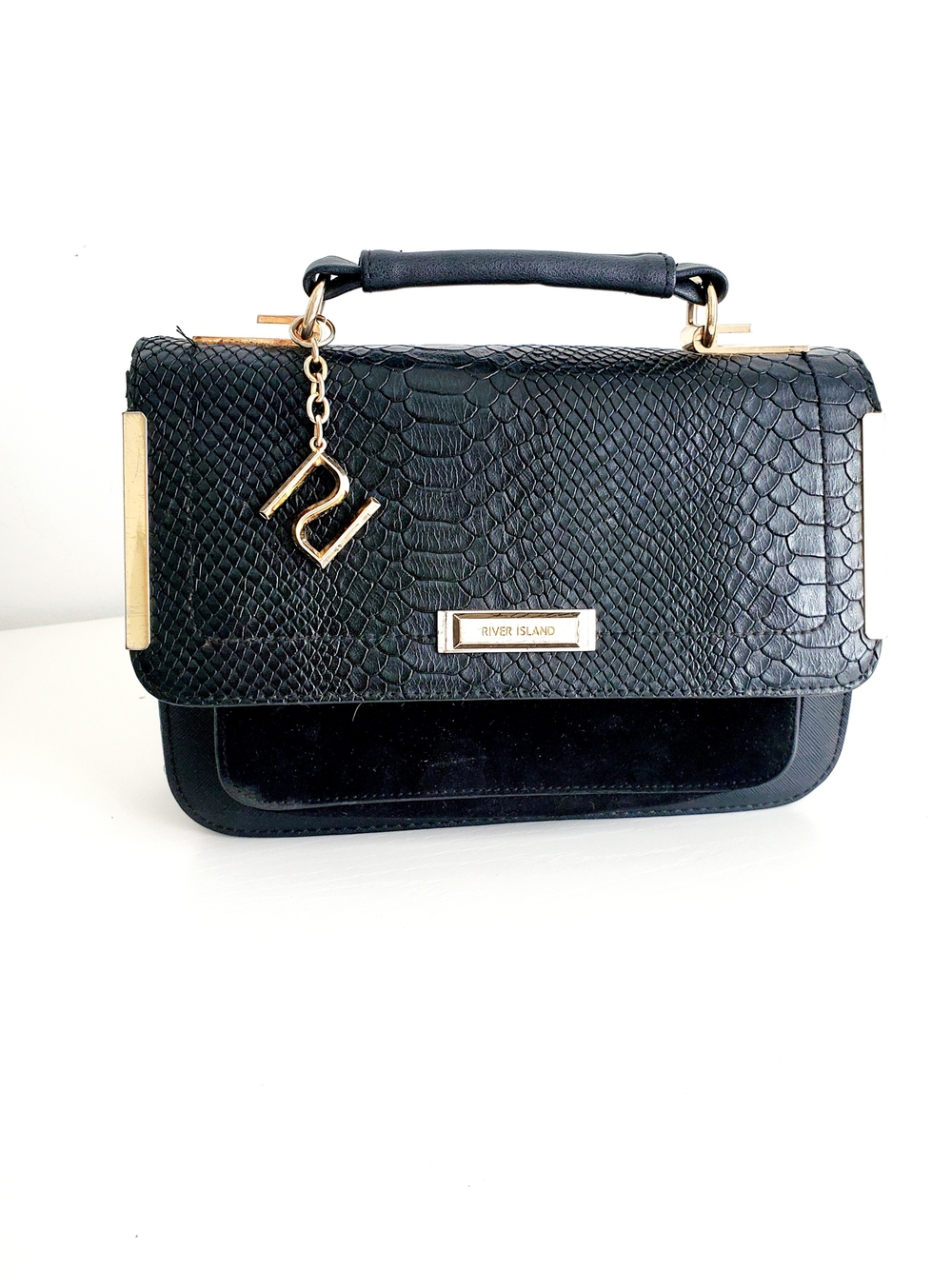 River Island Black Snake-Embossed Top-Handle Satchel with Gold Hardware